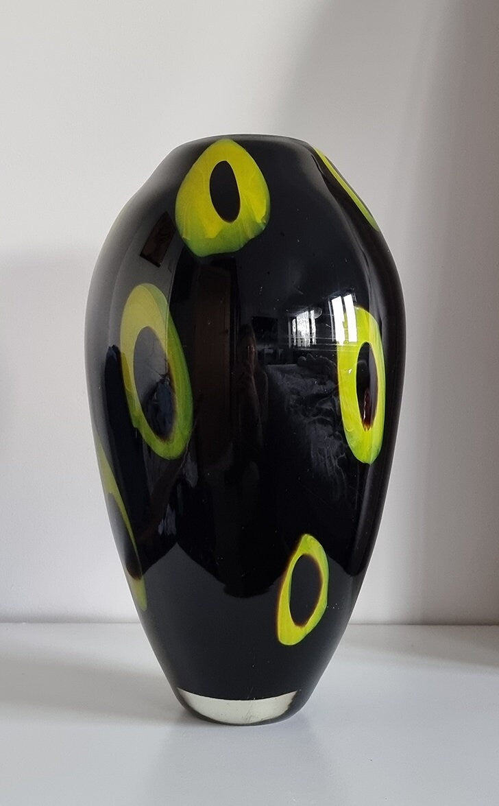 Large Vintage Black & Lime Glass Art Vase