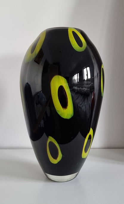 Large Vintage Black & Lime Glass Art Vase