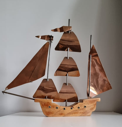 Vintage Copper & Wood Sailing Boat/Ship Sculpture