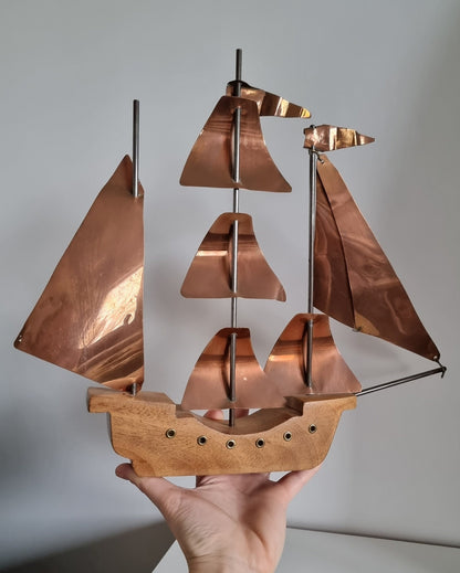 Vintage Copper & Wood Sailing Boat/Ship Sculpture