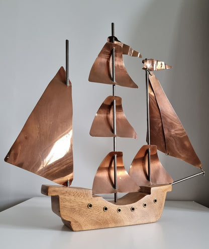 Vintage Copper & Wood Sailing Boat/Ship Sculpture
