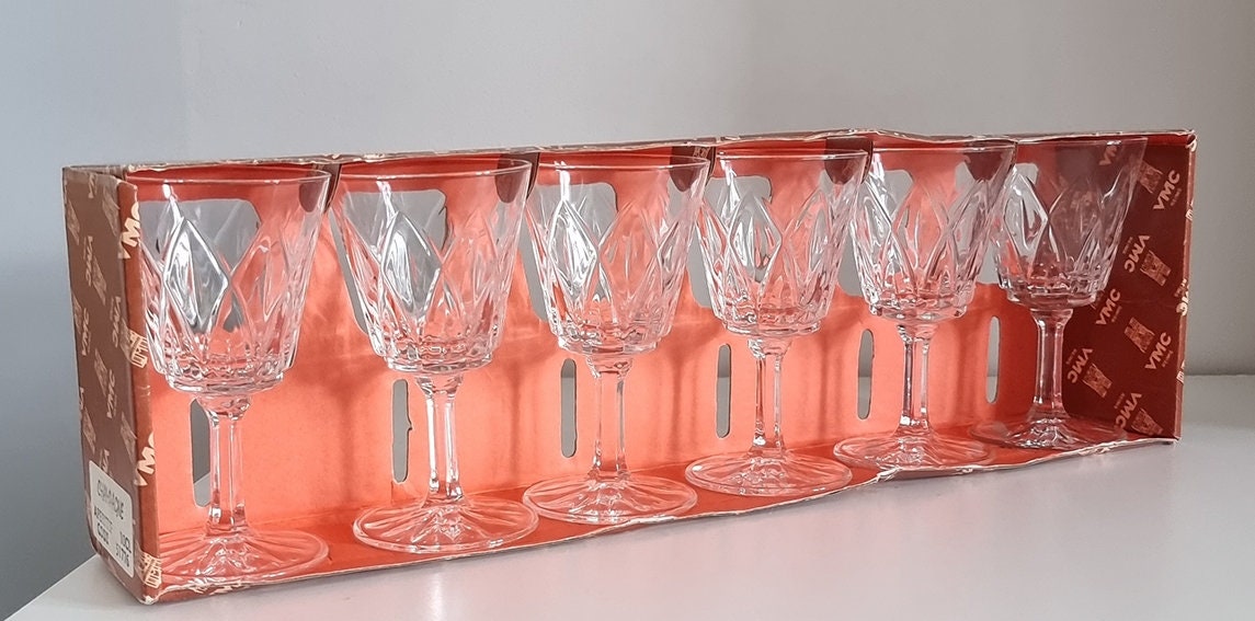 Vintage Set Of Six VMC Reims France Cut Crystal Aperitif Liqueur Sherry Port Glasses