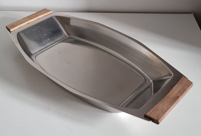Mid-Century Stainless Steel Serving Dish Tray With Wooden Handles