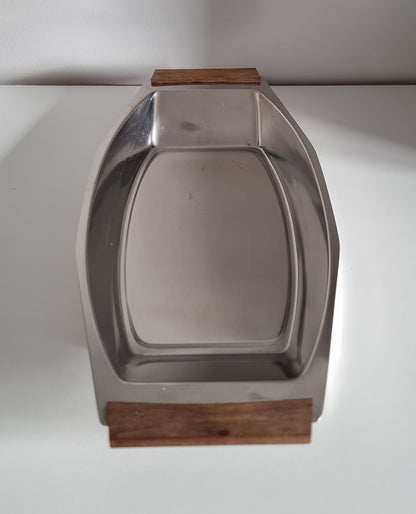 Mid-Century Stainless Steel Serving Dish Tray With Wooden Handles
