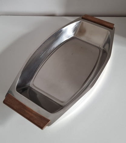 Mid-Century Stainless Steel Serving Dish Tray With Wooden Handles