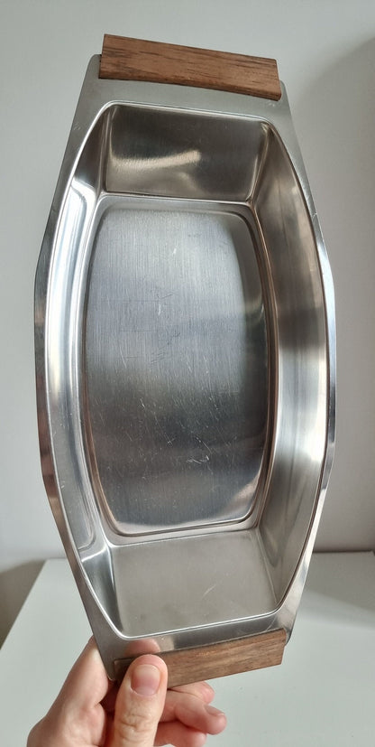Mid-Century Stainless Steel Serving Dish Tray With Wooden Handles
