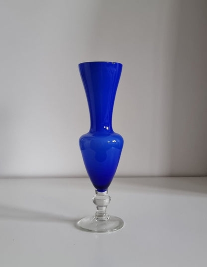 Small Vintage Footed Cased Glass Vase In Cobalt Blue