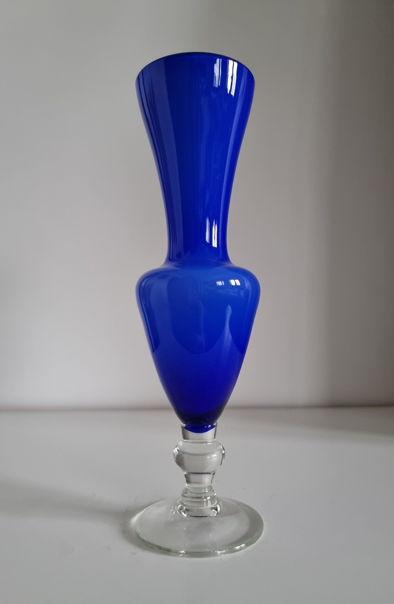 Small Vintage Footed Cased Glass Vase In Cobalt Blue