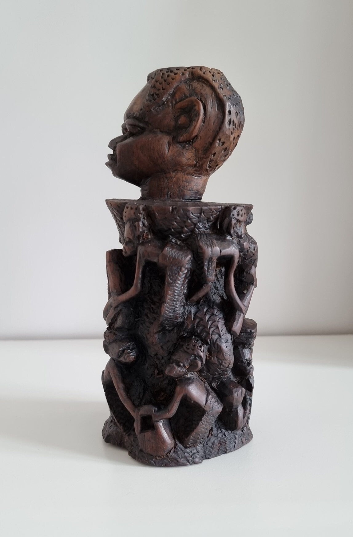 Vintage African Hand Carved Tree Of Life Sculpture, African Tribal Art Statue