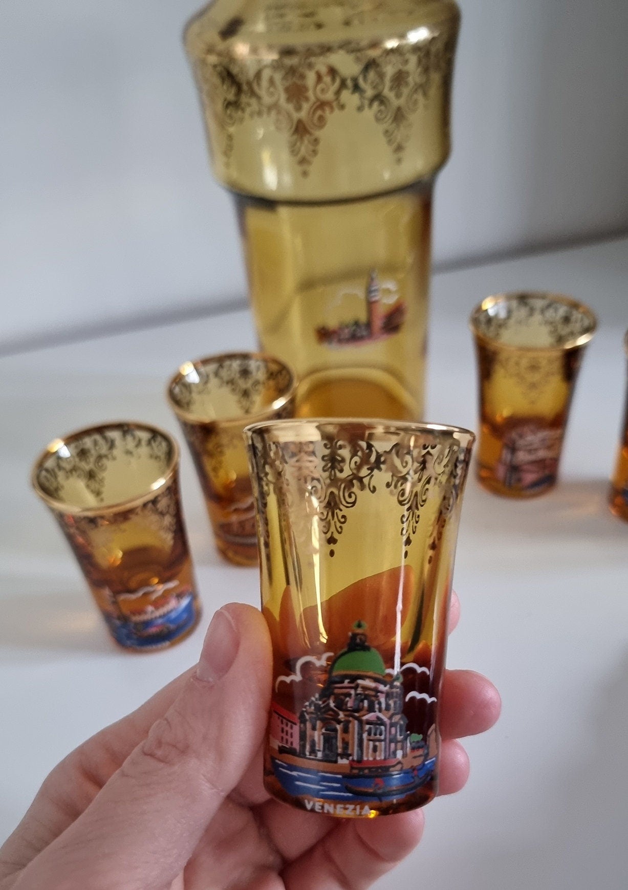 Mid-Century Venetian Amber Glass Decanter & Shot Glasses