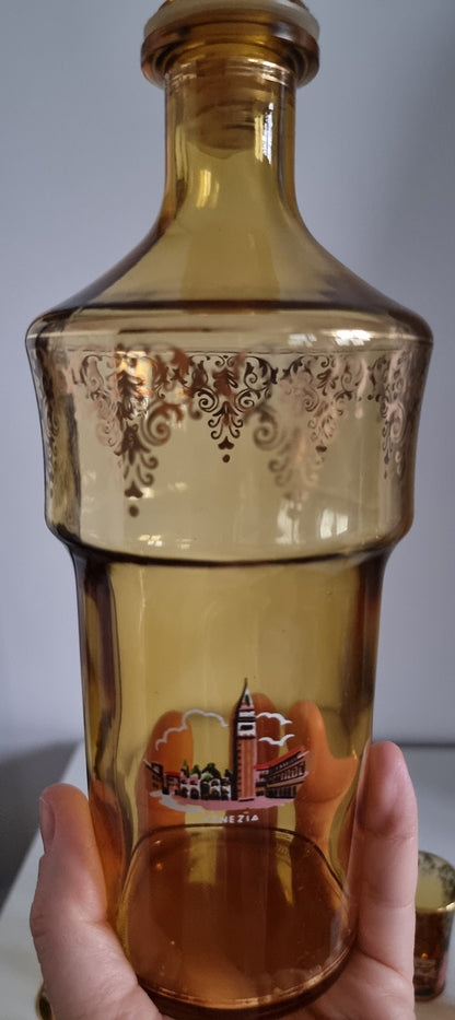 Mid-Century Venetian Amber Glass Decanter & Shot Glasses