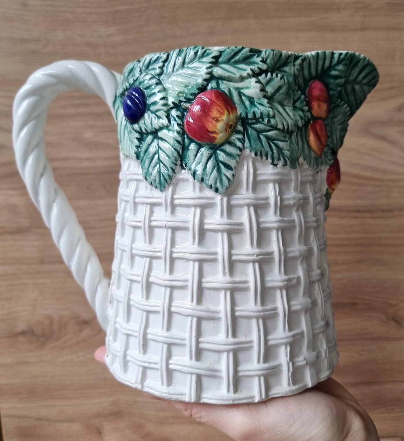 Vintage Bassano Italy Basket Weave Ceramic Jug/Pitcher With Fruit Design