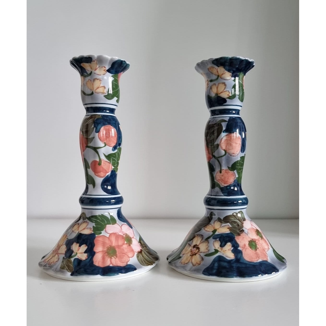 Pair Of Floral Porcelain Candlesticks Hand Painted In Thailand