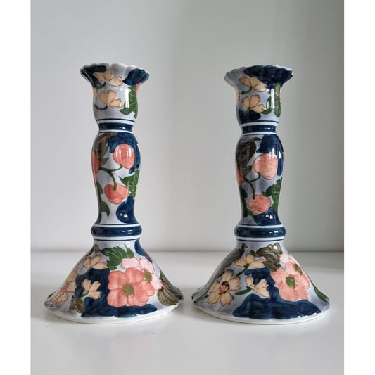 Pair Of Floral Porcelain Candlesticks Hand Painted In Thailand