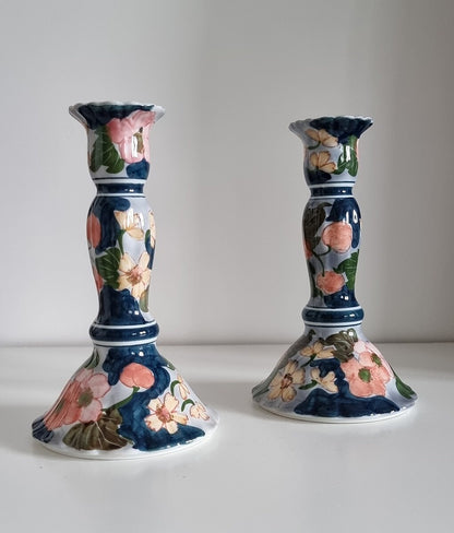 Pair Of Floral Porcelain Candlesticks Hand Painted In Thailand