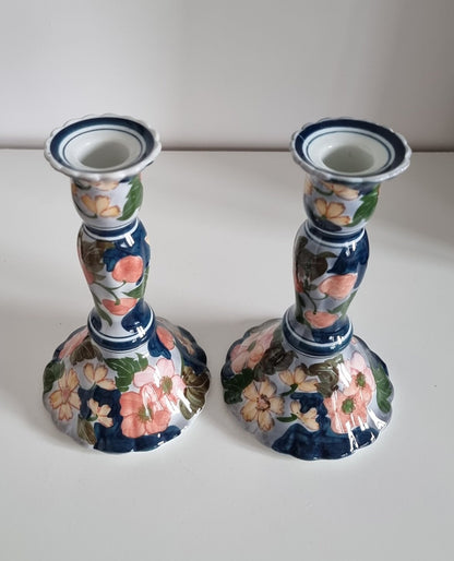 Pair Of Floral Porcelain Candlesticks Hand Painted In Thailand