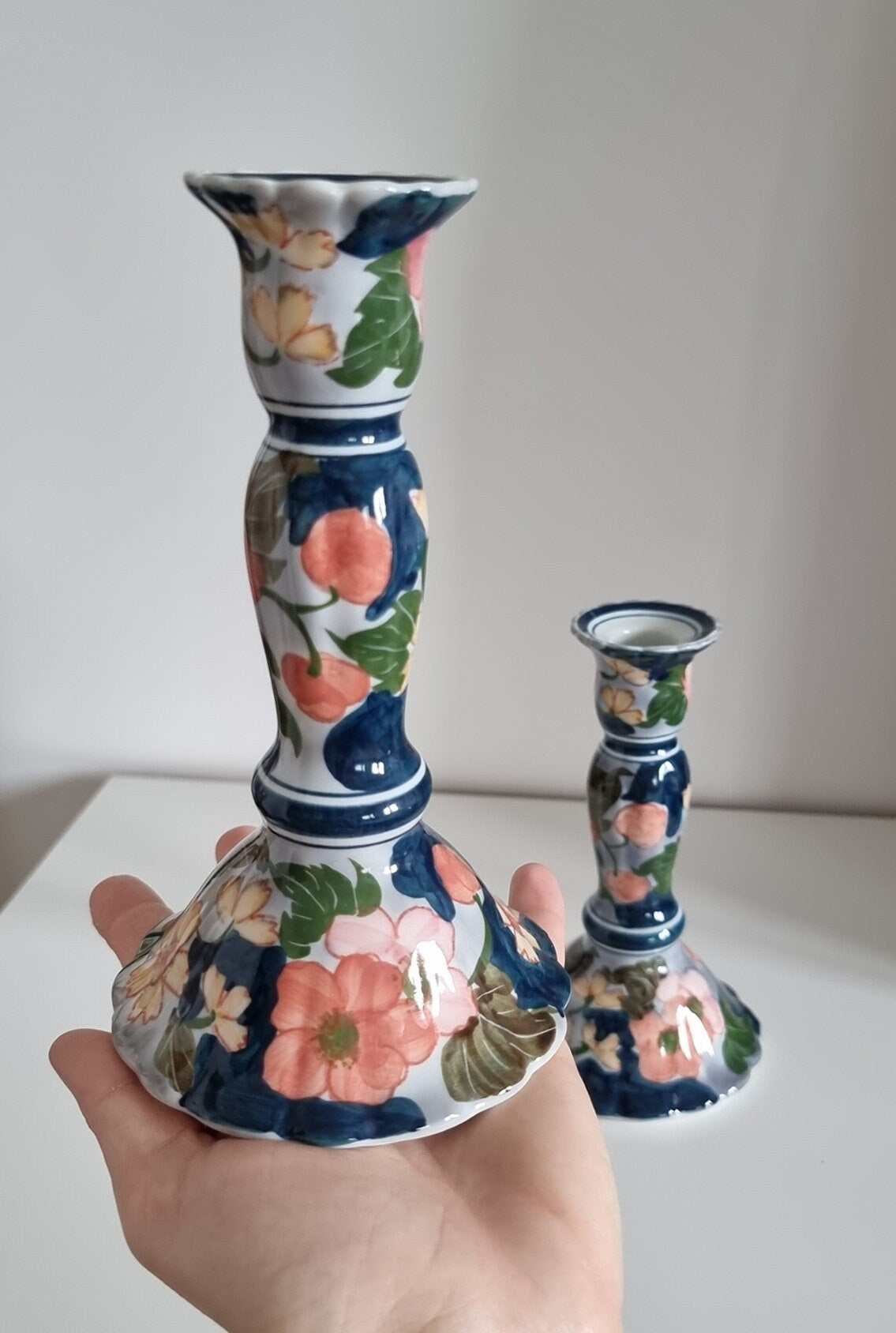 Pair Of Floral Porcelain Candlesticks Hand Painted In Thailand