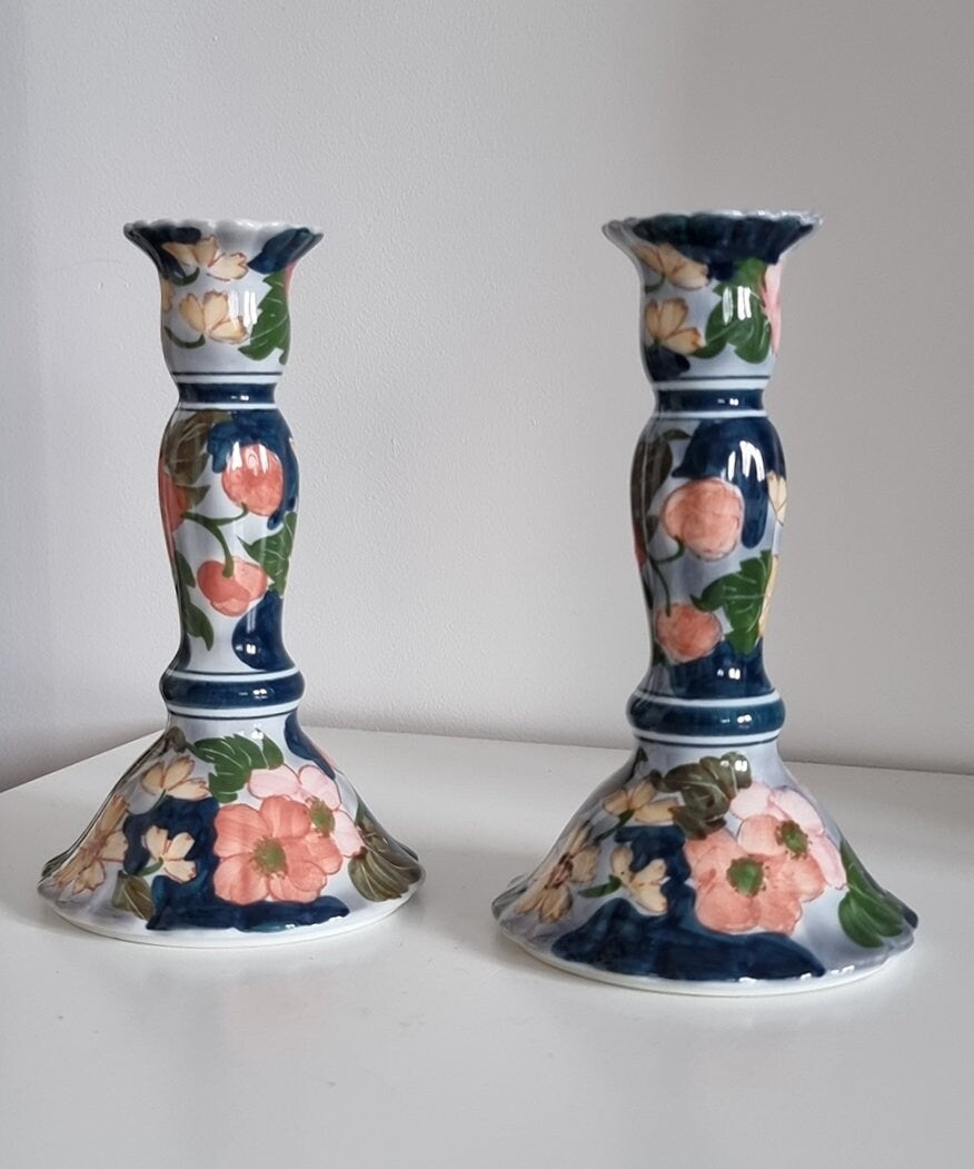 Pair Of Floral Porcelain Candlesticks Hand Painted In Thailand