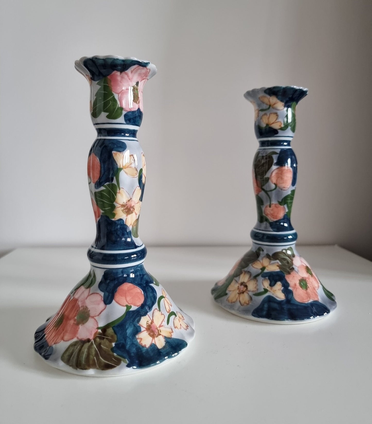 Pair Of Floral Porcelain Candlesticks Hand Painted In Thailand