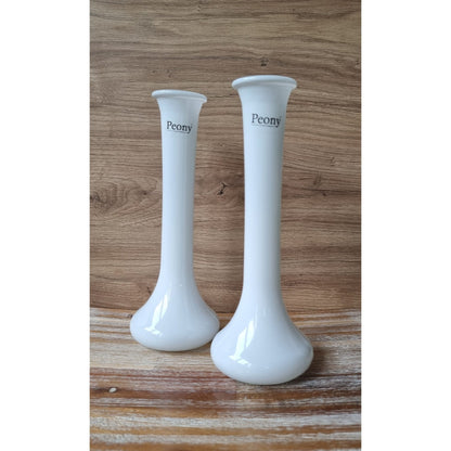 Pair Of Peony White Glass Single Stem Bud Vases