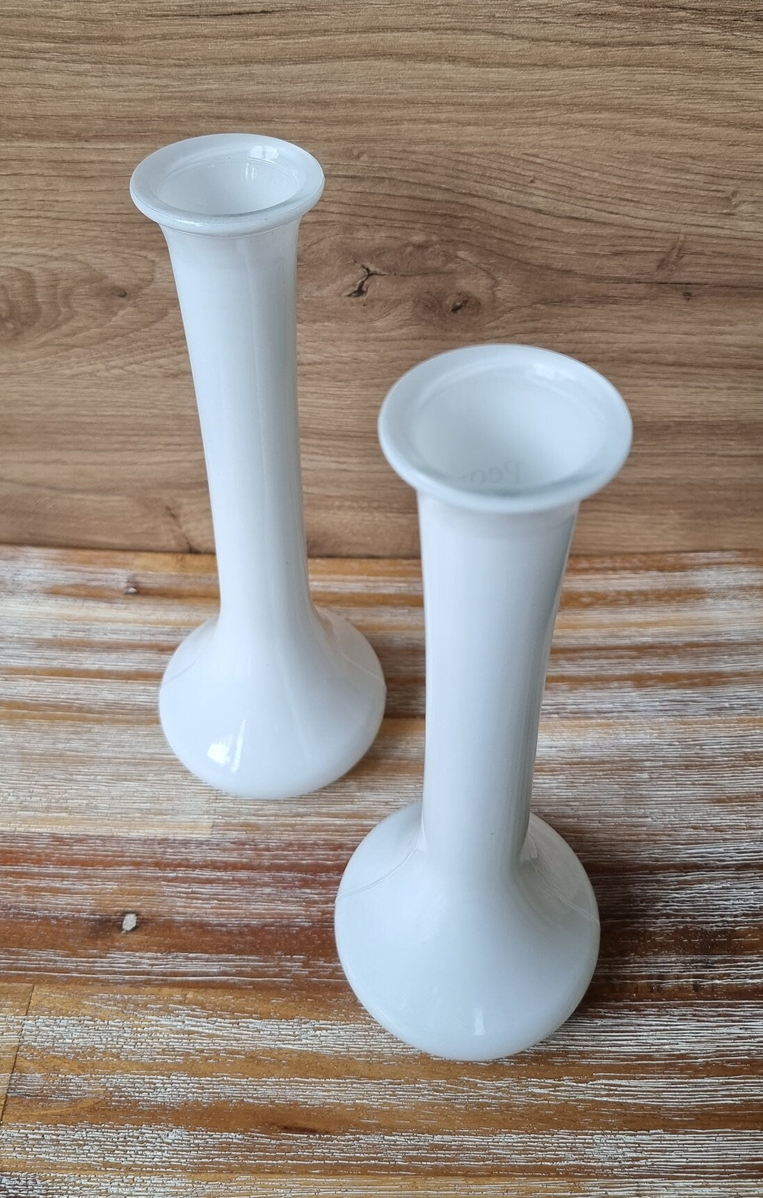 Pair Of Peony White Glass Single Stem Bud Vases