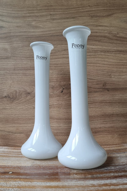 Pair Of Peony White Glass Single Stem Bud Vases