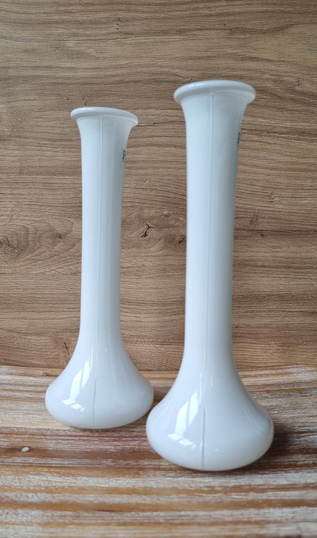 Pair Of Peony White Glass Single Stem Bud Vases