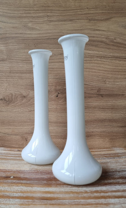 Pair Of Peony White Glass Single Stem Bud Vases