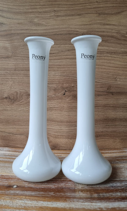 Pair Of Peony White Glass Single Stem Bud Vases