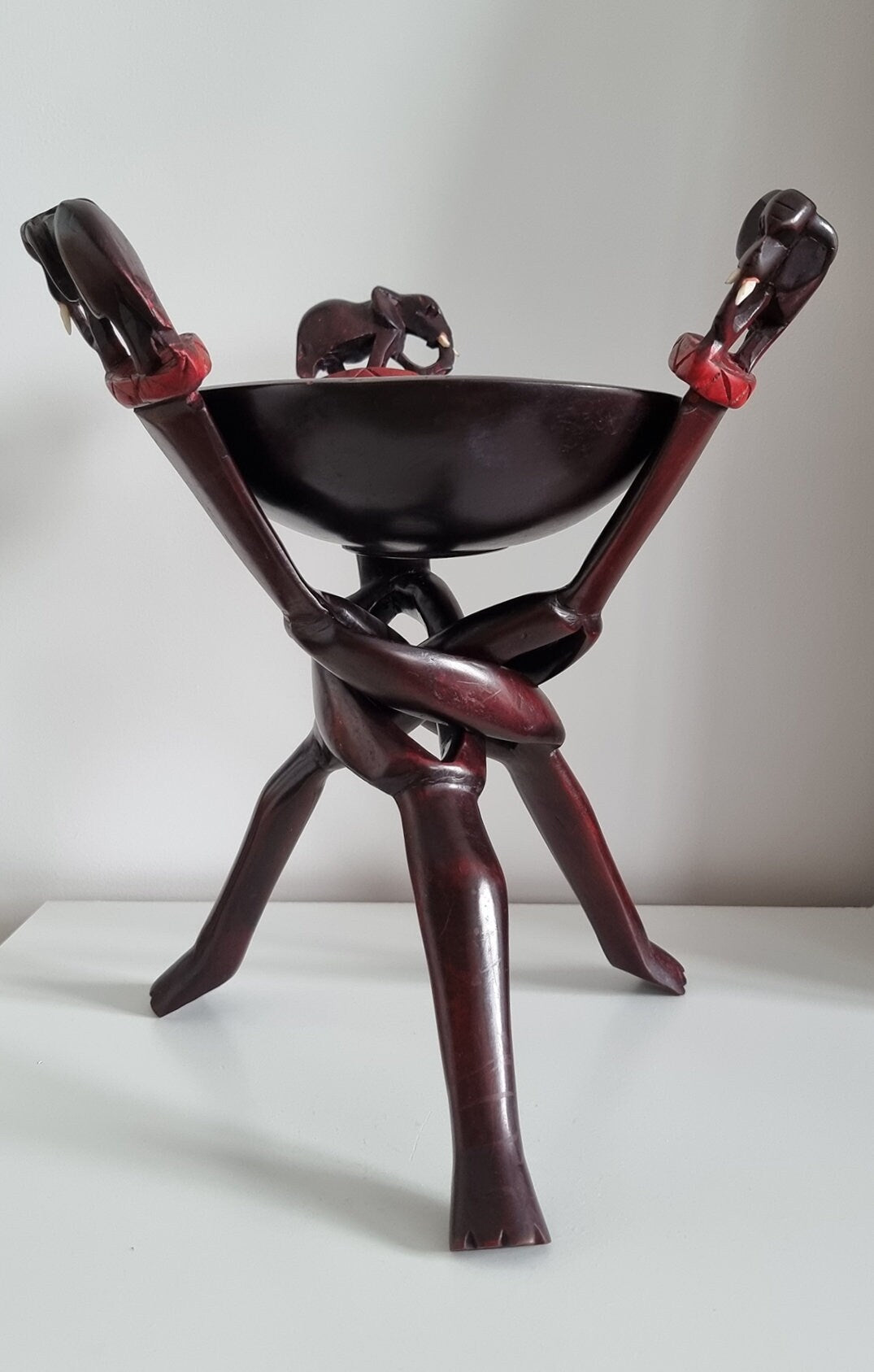 Vintage Interlocking Legged Wooden Bowl With Elephants