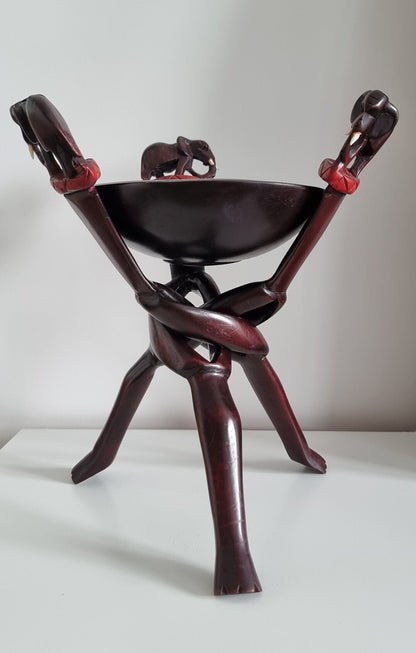 Vintage Interlocking Legged Wooden Bowl With Elephants