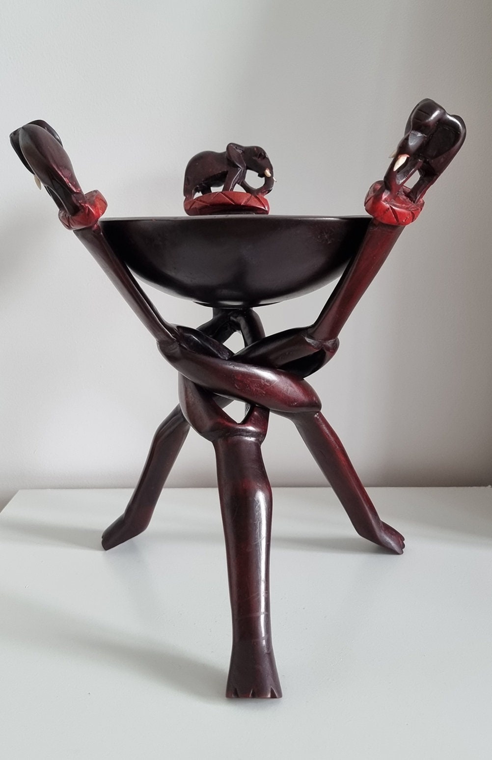 Vintage Interlocking Legged Wooden Bowl With Elephants