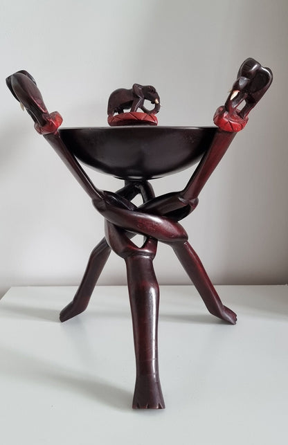 Vintage Interlocking Legged Wooden Bowl With Elephants