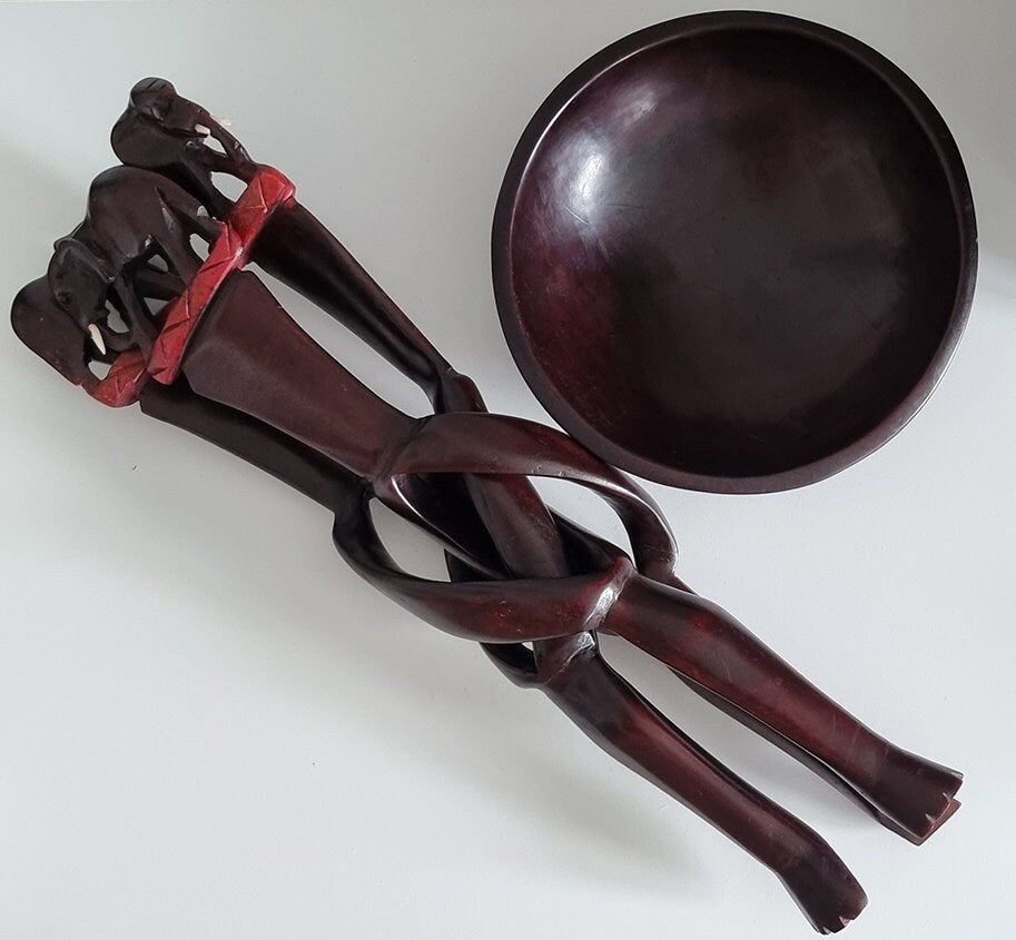 Vintage Interlocking Legged Wooden Bowl With Elephants