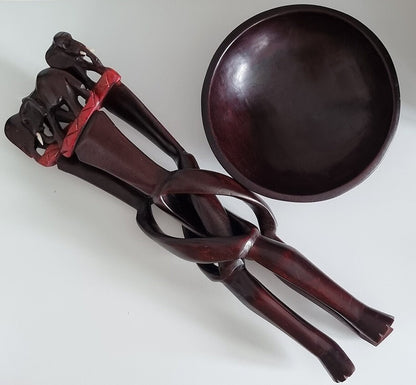 Vintage Interlocking Legged Wooden Bowl With Elephants