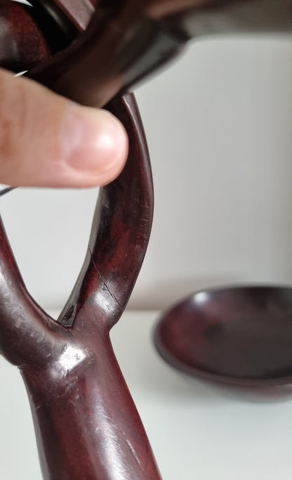 Vintage Interlocking Legged Wooden Bowl With Elephants