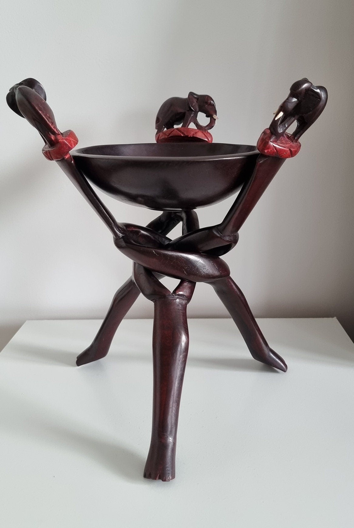 Vintage Interlocking Legged Wooden Bowl With Elephants