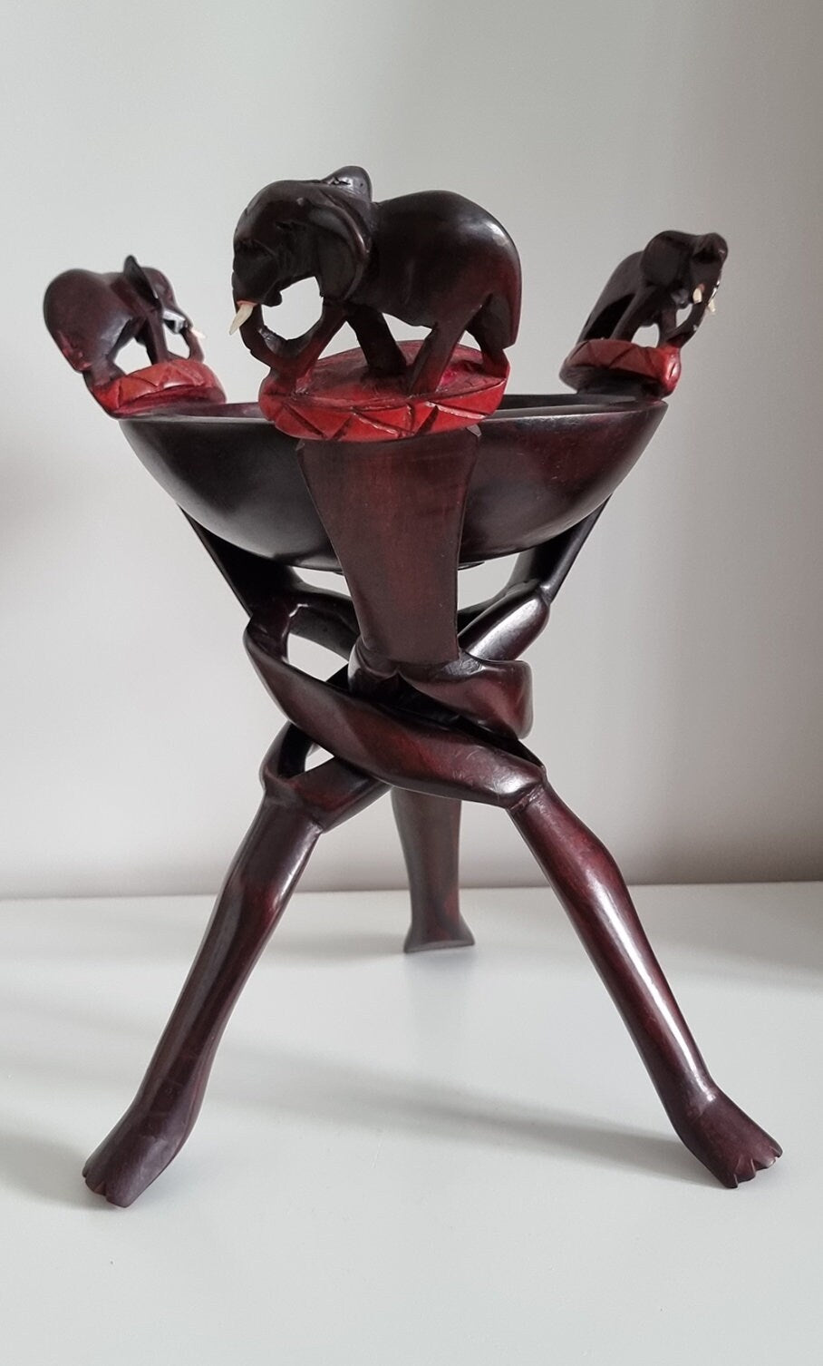 Vintage Interlocking Legged Wooden Bowl With Elephants