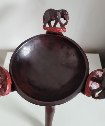 Vintage Interlocking Legged Wooden Bowl With Elephants