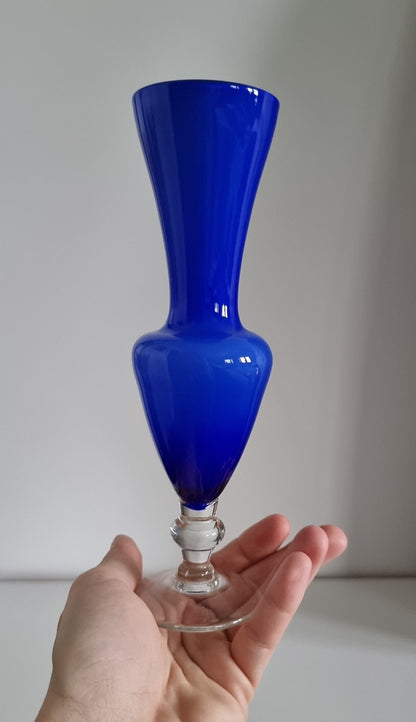 Small Vintage Footed Cased Glass Vase In Cobalt Blue