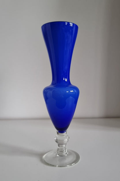 Small Vintage Footed Cased Glass Vase In Cobalt Blue