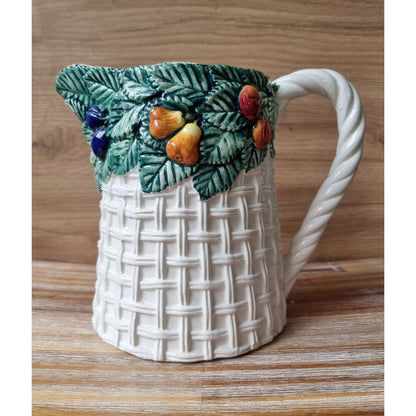 Vintage Bassano Italy Basket Weave Ceramic Jug/Pitcher With Fruit Design