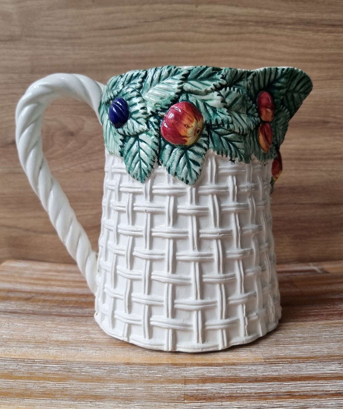 Vintage Bassano Italy Basket Weave Ceramic Jug/Pitcher With Fruit Design