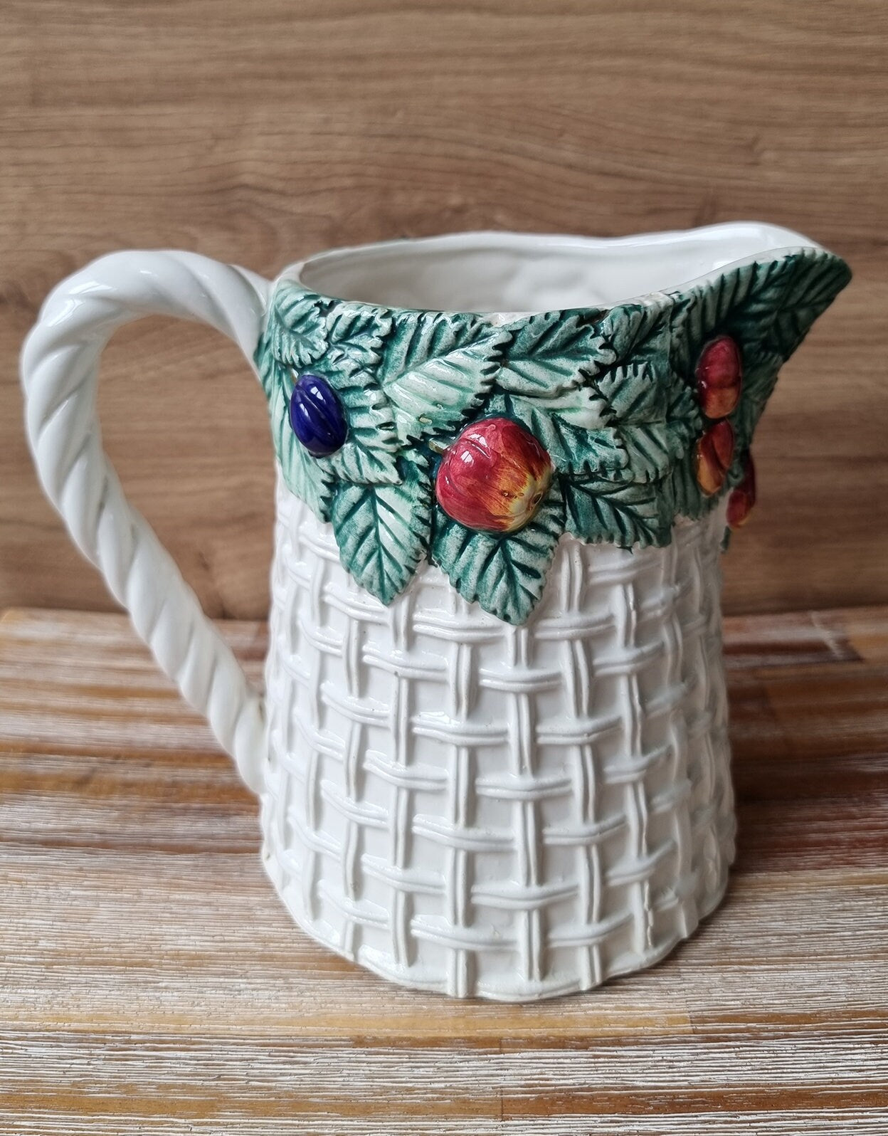 Vintage Bassano Italy Basket Weave Ceramic Jug/Pitcher With Fruit Design