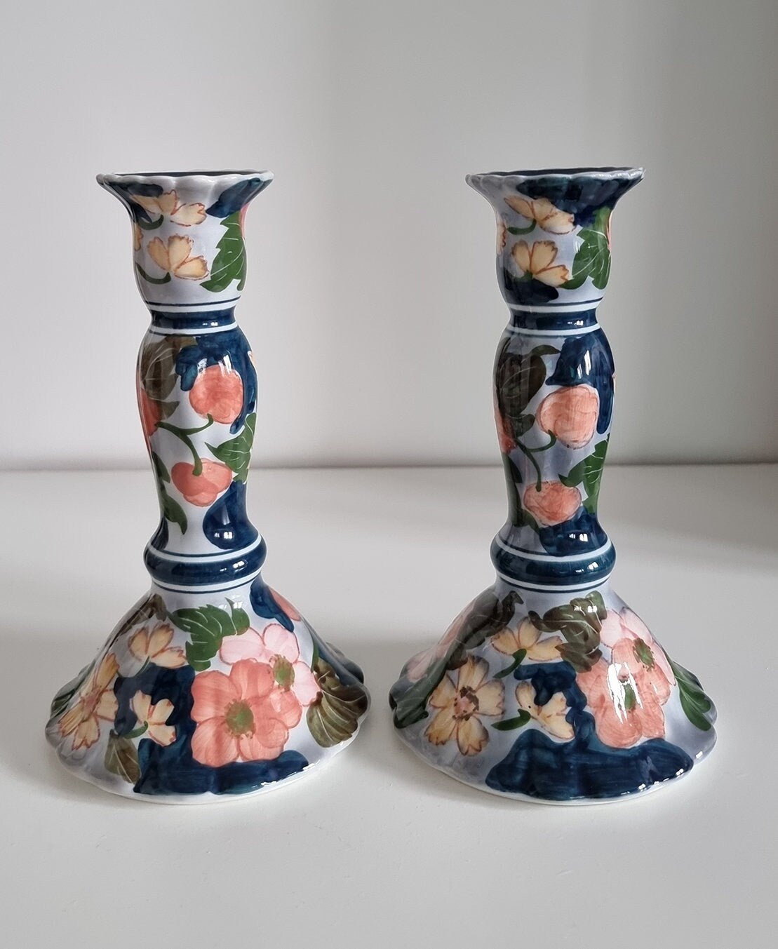 Pair Of Floral Porcelain Candlesticks Hand Painted In Thailand