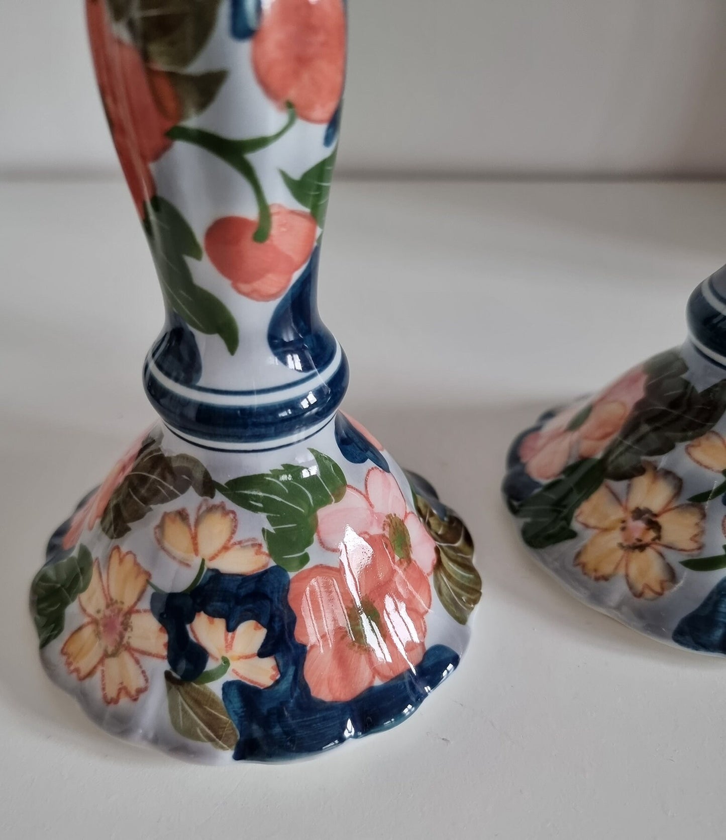 Pair Of Floral Porcelain Candlesticks Hand Painted In Thailand