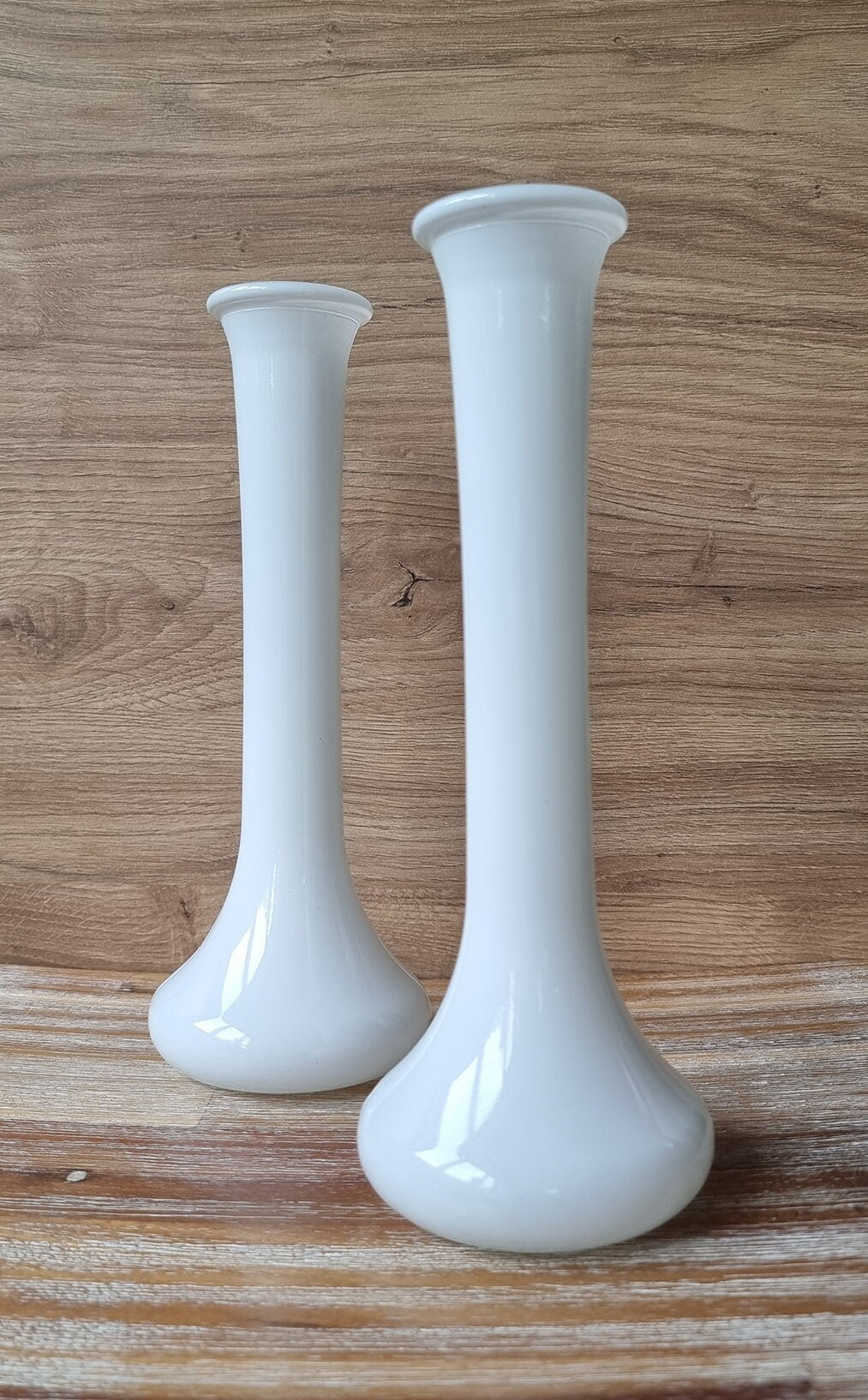 Pair Of Peony White Glass Single Stem Bud Vases