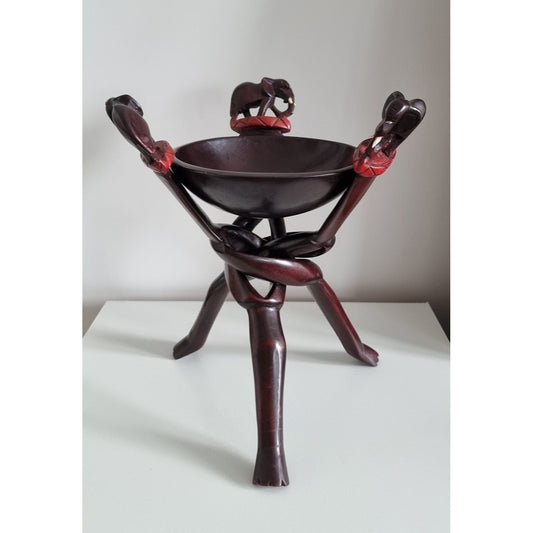 Vintage Interlocking Legged Wooden Bowl With Elephants