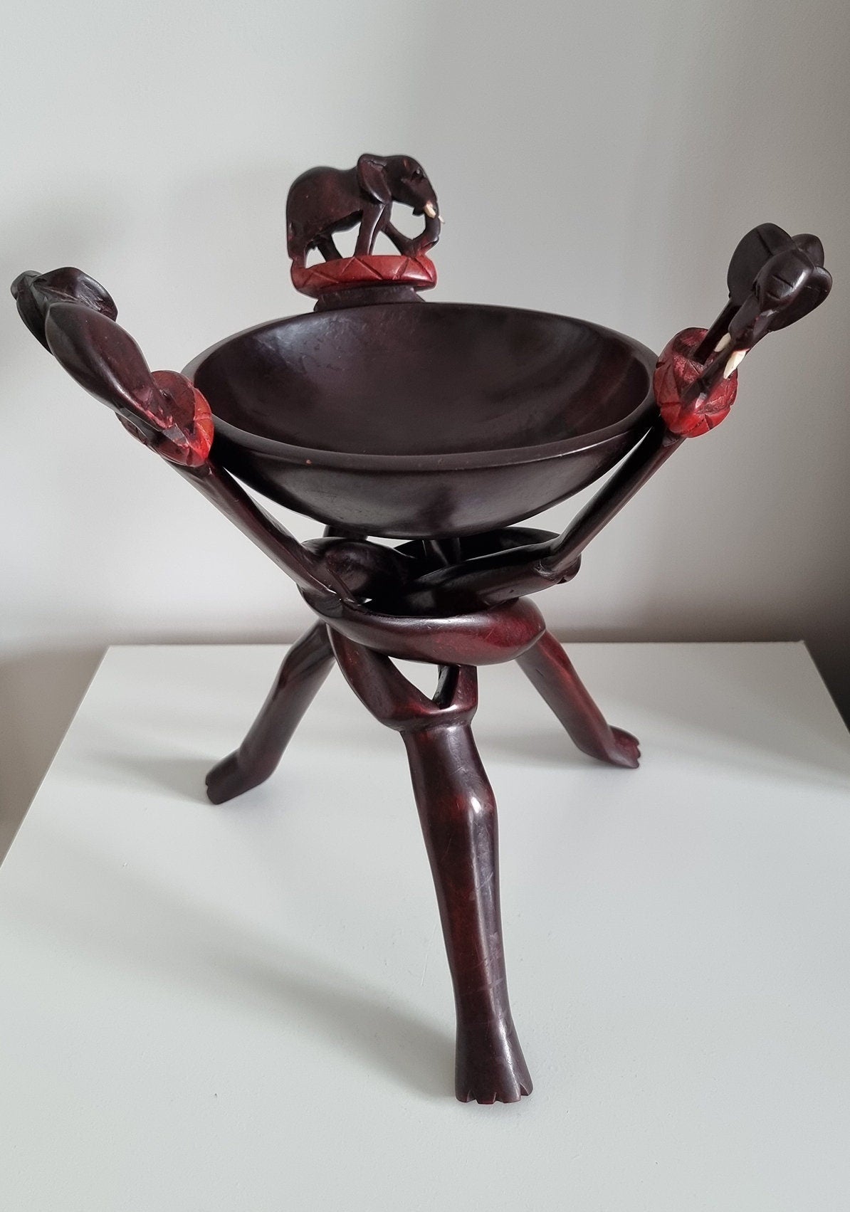 Vintage Interlocking Legged Wooden Bowl With Elephants