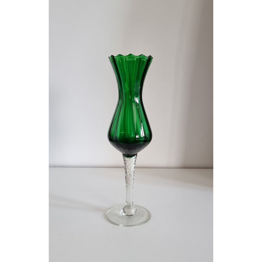 Vintage Italian Empoli Green Optic Glass Vase, Clear Twisted Stem Vase